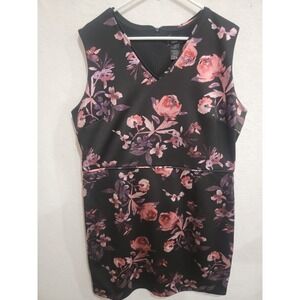 Stella & Julie Dress 20W Plus Sz Black Pink Floral Sleeveless V-Neck Midi Sheath